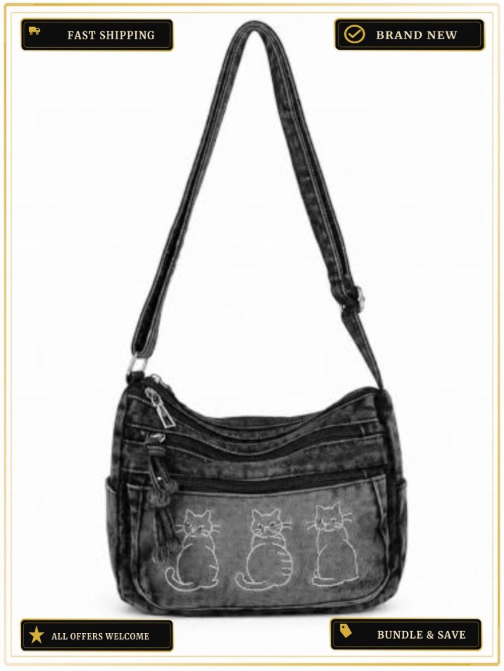 Cat Embroidery Crossbody Bag Denim Purse Witchy Goth Multi-Pocket Medium